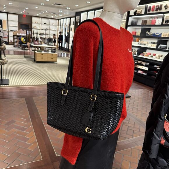 Coach Woven Leather Swing Tote Carryall Shoulder CBF83 Black - Picture 1 of 16